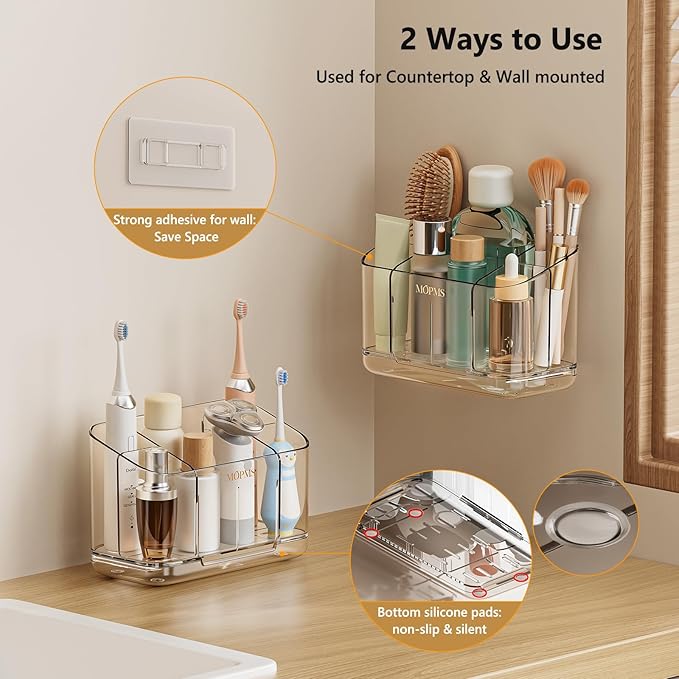 MOPMS Toothbrush Holders for Bathrooms, 5 Slots Adjustable Divider Tooth Brush and Toothpaste Holder for Easy Clean, Wall Mounted & Countertop Organizer with Drain Tray for Shower/Kitchen