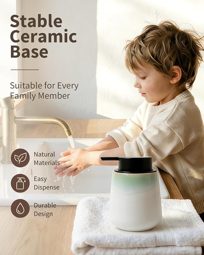 BosilunLife Hand Soap Dispenser - Ceramic Dish Soap Dispenser for Bathroom 12ounce Refillable Liquid Hand Wash Dispenser for Essential Oil, Lotion Soap, White with Blue-Green Rim