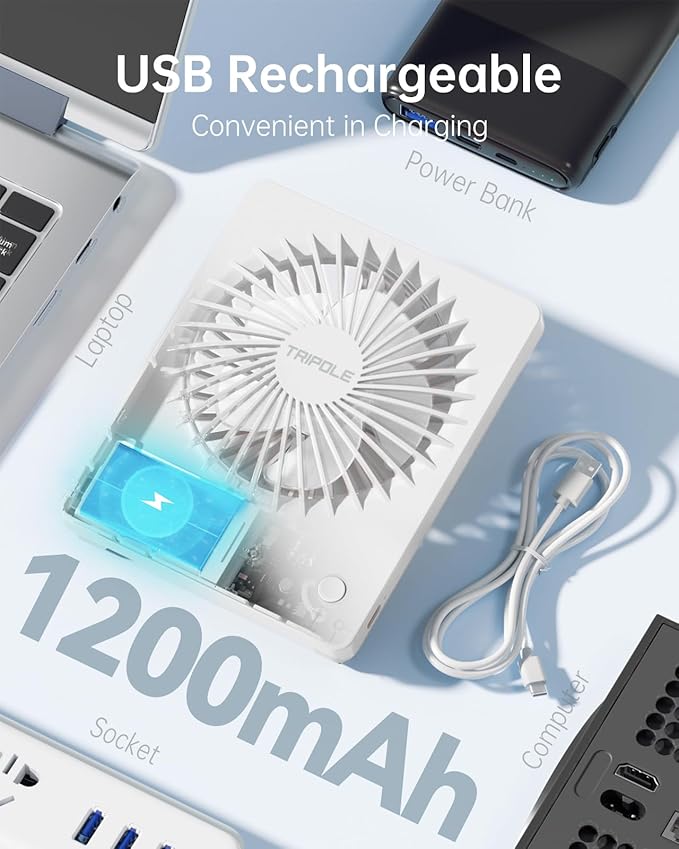 TriPole Mini Portable Desk Fan Rechargeable Ultra Quiet Small Fan 4.5 Inch Personal Travel Fan with 180° Tilt Folding and 3 Speeds Adjustable for Office Desktop Bedroom White