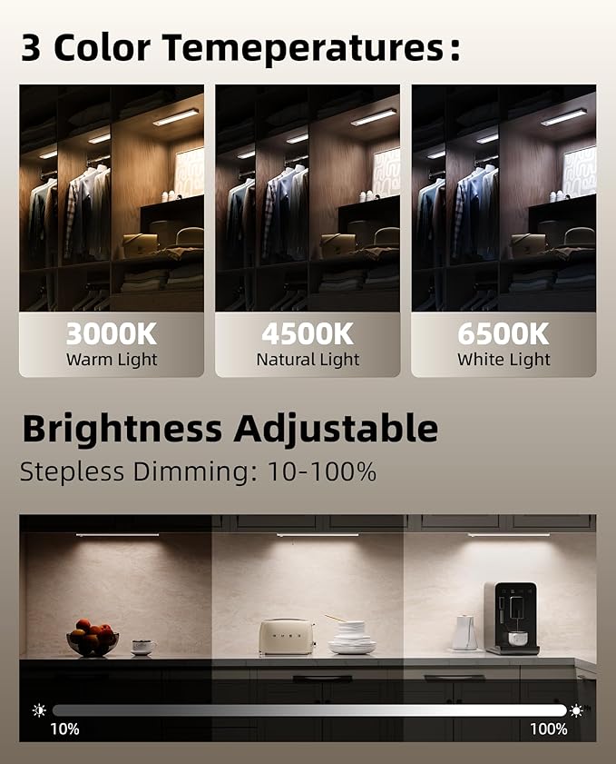 4Pack 16inch Under Cabinet Lighting, Rechargeable Motion Sensor Light Wireless Indoor, Dimmable 3 Color Temps Closet Lights, Under Counter LED Lights for Kitchen, Stairs