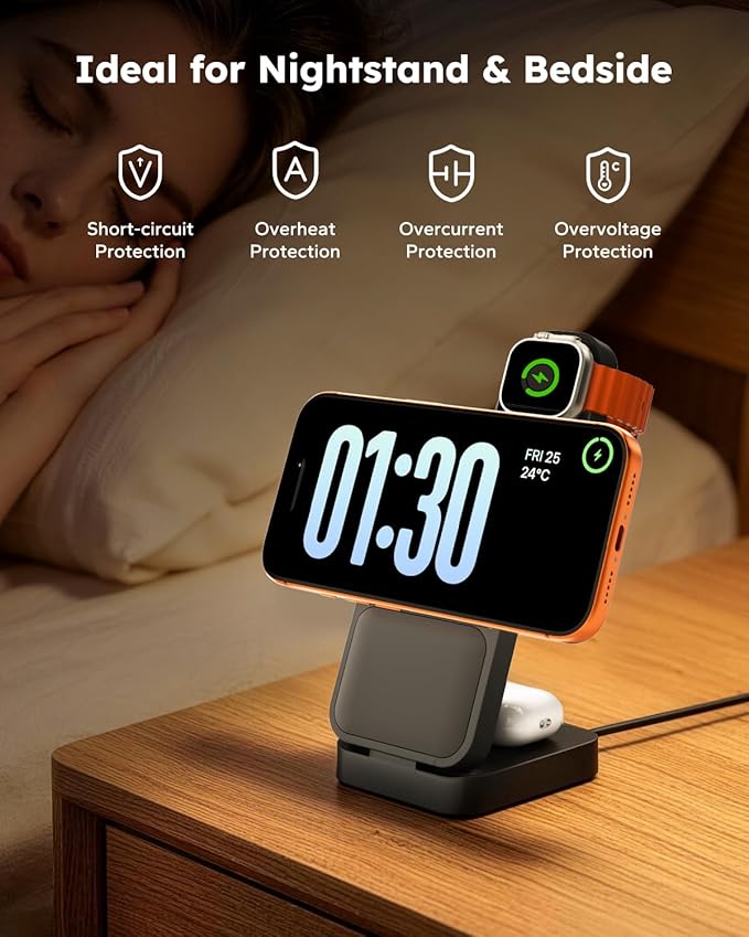Travel Charging Station 3 in 1 for MagSafe, 15W Ultra Fast Magnetic Wireless Charger Stand for iPhone 17 16 15 Pro Max, Foldable Phone Charging Dock for Apple Watch/AirPods (with 30W Adapter)