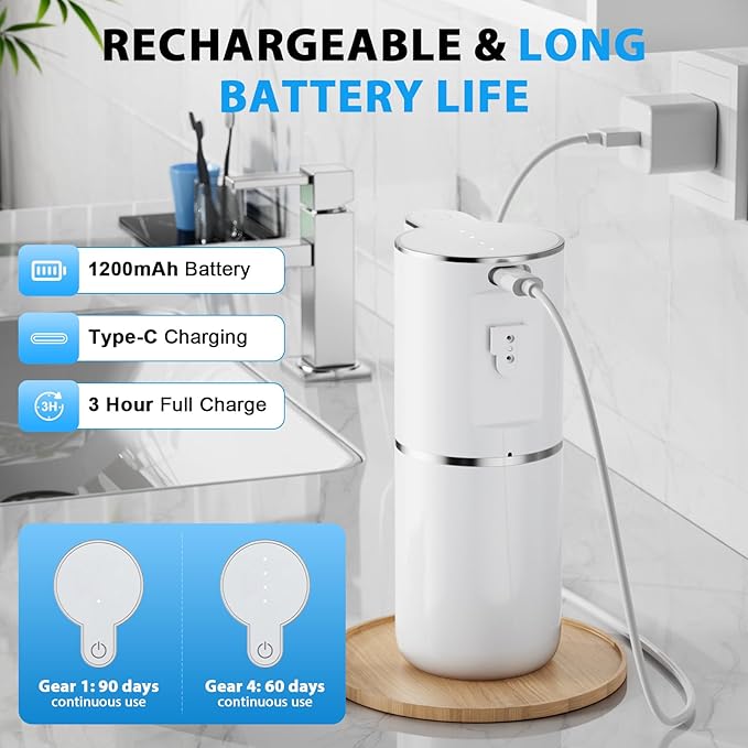 Fantictas Automatic Soap Dispenser,Touchless Automatic Foam Soap Dispenser 380ML, USB Charging 4 Adjustable Levels Wall Mount for Kitchen ＆ Bathroom, Shower Soap Dispenser, White