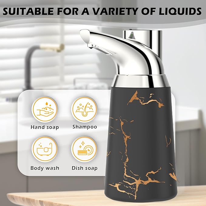 Adjustable Automatic Soap Dispenser Touchless, Ceramic Material，4 Adjustable Levels， Type-c Rechargeable Operated Sensor Liquid Soap Pump，Touch-Free Hand Sanitizer Dispenser (Black Silver)