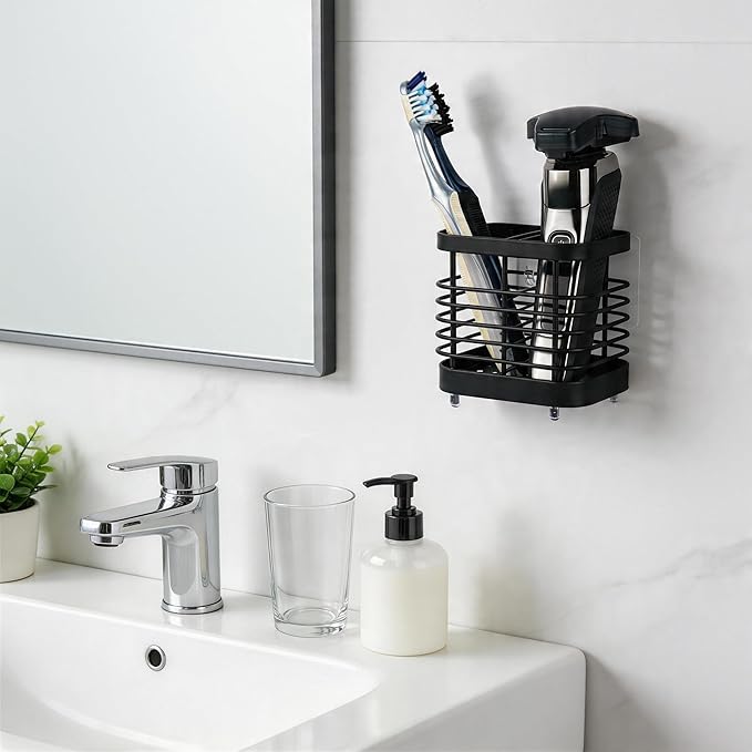 2 Slots Wall Mount Toothbrush Holder for Bathroom, Stainless Steel Toothbrush and Toothpaste Holder Organizer, Electric Toothbrush Holder Self Adhesive Wallmount/Countertop Organizer(Black)