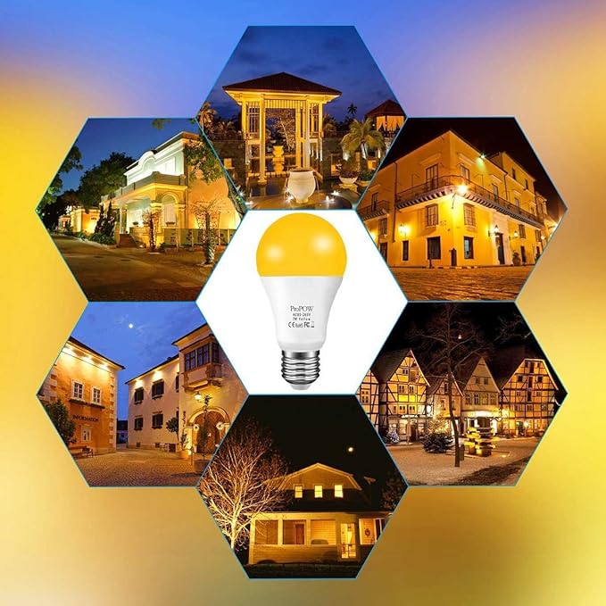 Yellow Bug Light Bulbs, Dusk to Dawn, 7W LED, 40W Equivalent, A19, Smart Auto on/Off, 580 Lumens, Porch Lights (Non-Dimmable, Amber Yellow, E26)