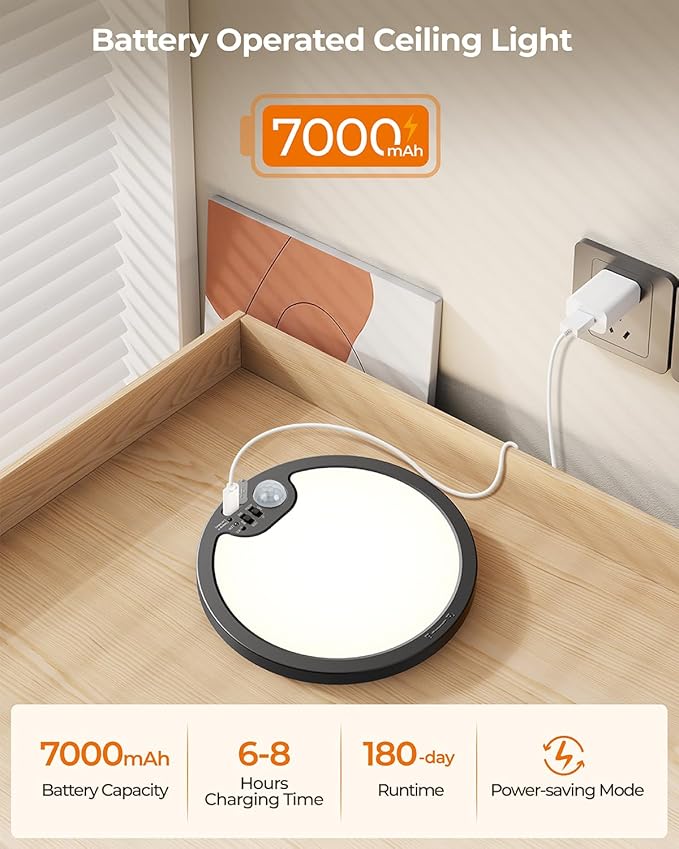 BLNAN Rechargeable Shower Light Indoor, 7000mAh Motion Sensor Wireless Ceiling Light with Remote, Battery Operated Ceiling Light, LED Overhead Lighting for Pantry Bathroom 1 Pack