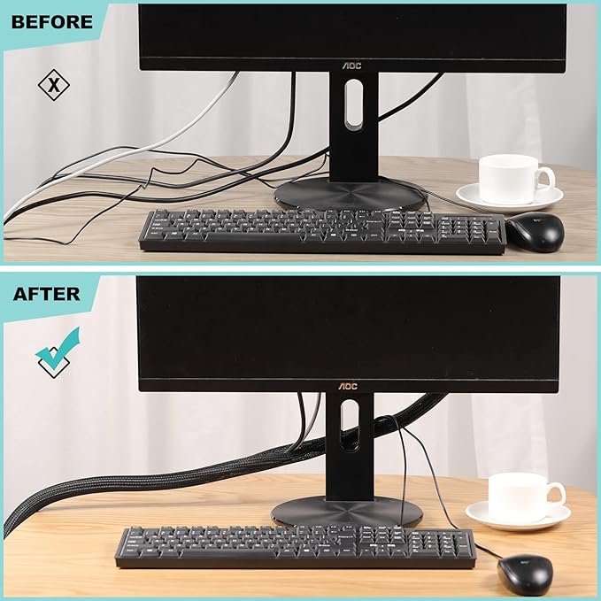 AGPTEK Cable Sleeve, 20ft - 1.2 inch Desk Cable Management Desk Cord Cover Organizer Wire Hider for Home Office Computer TV Wire Loom Tubing Pet Proof Cord Protector from Cat Dog Chewing, Black