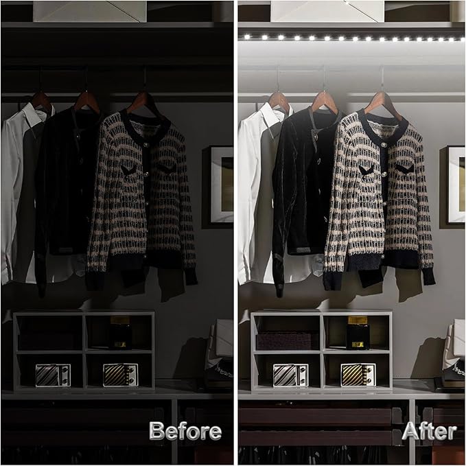 WOBANE LED Closet Light Motion Activated,Battery Powered Stick-on Anywhere,Homelife Motion Sensor Strip Lighting,Rechargeable Night Lights for Closet Hallway Stairway 6.56ft,6000K White,Black