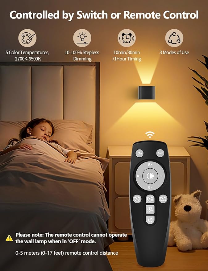 Rechargeable Motion Sensor Wall Light, Black 6000mAh Wireless LED Sconces with Remote Control, Dimmable 2700K-6500K, Adjustable Beam Angle, Battery Operated, 3 Modes for Living Room, 4-Pack