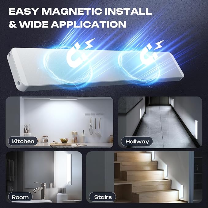 Under Cabinet Lighting Wireless LED Motion Sensor Magnetic Light 2500maAh Rechargeable Indoor Closet Lights for Kitchen, Stairs (2, Cool White, 14 Inch)