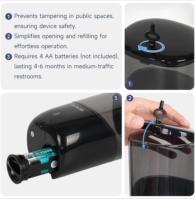 AIKE Liquid Automatic Wall Mount Soap Dispenser,Battery Operated Model AK1216,Black