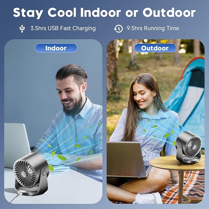 YOSHENMO Desk Fan, Turbo Table Fan for Bedroom, 100-Speed Digital Display, Low Noise, 105° Adjustable Tilt, 7.5-inch, Rechargeable Battery, Wall-Mouted Design for Home, Office, Travel Grey