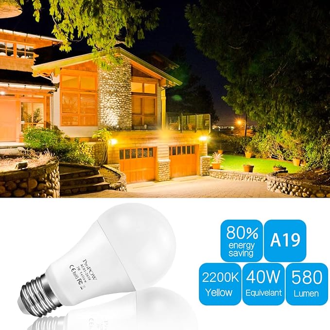 Yellow Bug Light Bulbs, Dusk to Dawn, 7W LED, 40W Equivalent, A19, Smart Auto on/Off, 580 Lumens, Porch Lights (Non-Dimmable, Amber Yellow, E26)