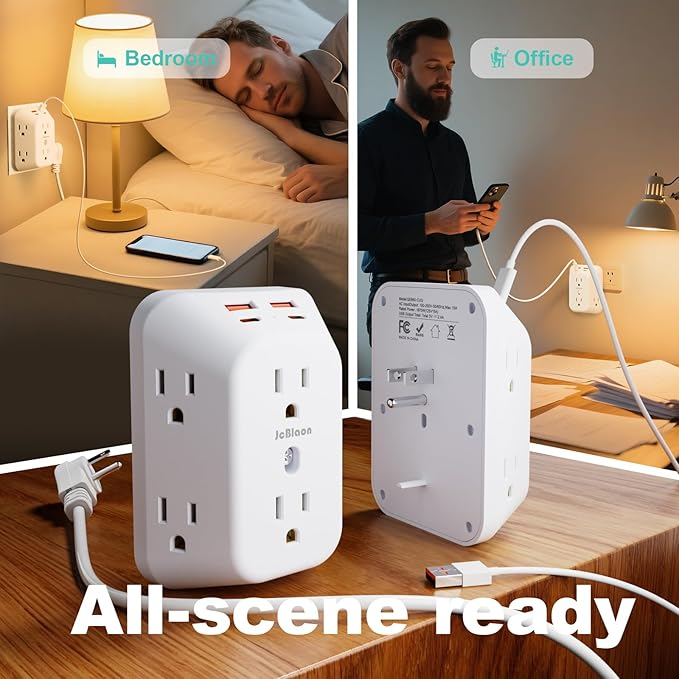 2 Pack Outlet Extender Surge Protector, 6 Outlet Splitter with 4 USB Ports (2 USB C), Multiple Plug Expander Wall Charger, 4 Sided 1050 J Multi Plug Wall Adapter Power Strip for Home Office Kitchen