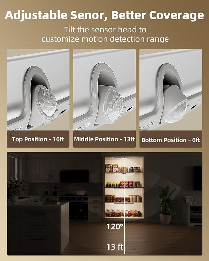 EZVALO 17-Inch LED Motion Sensor Closet Light, Rechargeable 3600mAh Battery, 150 Lumens No-Glare Curved, 3 Color Temperatures & Dimmable Cabinet Light for Wardrobes & Shelves