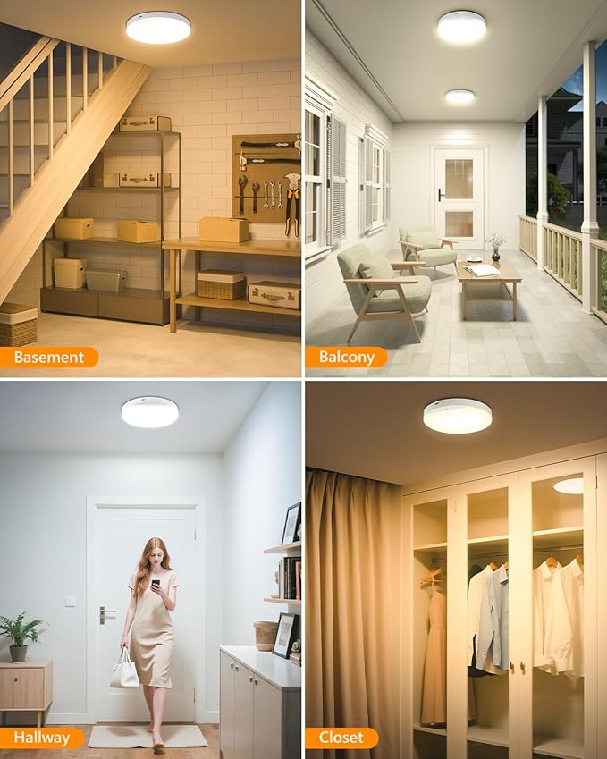 Rechargeable 6W Motion Sensor Ceiling Light Indoor, No Wiring & Magnetic Stick-On, Remote Control for Color & Brightness, Battery Operated Light for Shower, Closet, Bathroom, Pantry, Hallway, 2-Pack