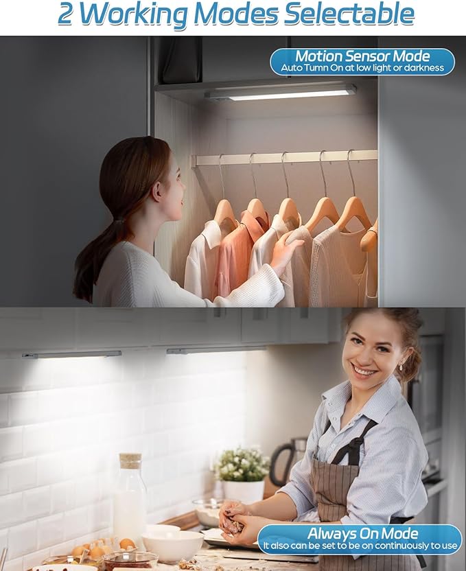 HIBOITEC Under Cabinet Lighting Rechargeable Closet Lights Wireless Motion Sensor Light Indoor, 50 LED Dimmable Magnetic Under Counter Light for Kitchen, Pantry, 2 Pack, Cool White Light, 10 inch