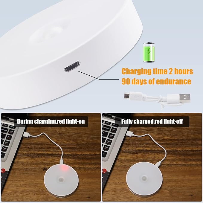 3 Pack Motion Sensor Light, 8 LEDs Rechargeable Night Light, with USB Cable & Magnetic Patch, 3 Modes, Cordless Safe Wall Light for Kitchen, Bookshelves, Drawers - 3000K Warm White