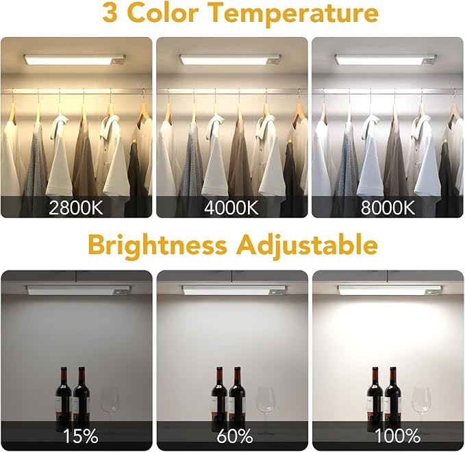 13 inch Under Cabinet Lighting, LED Motion Sensor Light Indoor with 3 Color Temps, 2500mAh USB Rechargeable Closet Light, Dimmable Wireless Under Counter Lights for Stairway, Wardrobe, Kitchen(2 Pack)