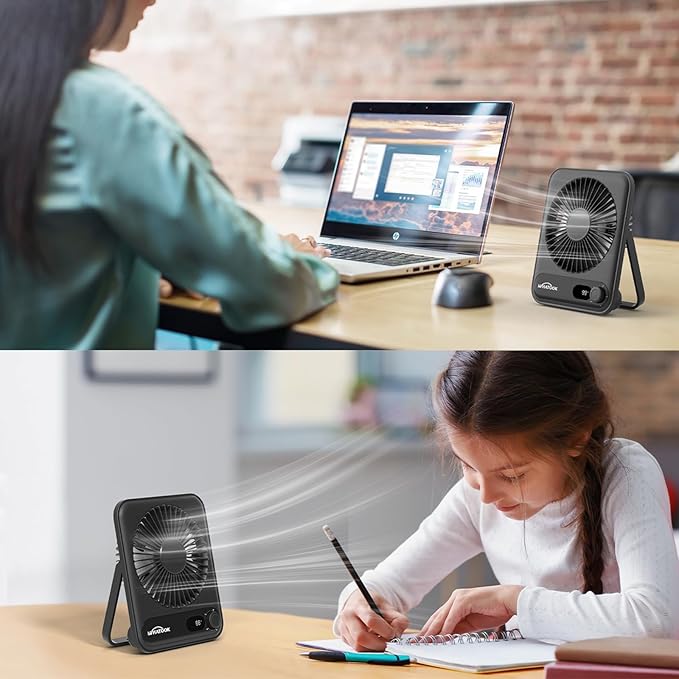 WHATOOK Small Desk Fan Personal Fans: 5000mah 25 Hours Battery Office Quiet Mini Desktop Fan Portable Rechargeable Travel Essentials (Black, 5000 mAh)