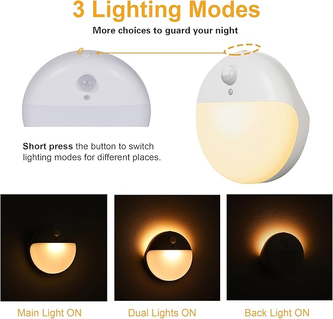 YUNLEX 2 Pack Toliet Lights, 2.6" Small Motion Sensor Battery Night Light, Dimmable LED Nightlight, 3 Light Modes, Stick on Lights for Bathroom, Travel, Stairs, Cabinet, Bedroom, Kids, Warm Yellow