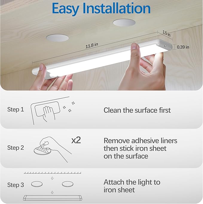 Motion Sensor Under Cabinet Lights, Magnetic Rechargeable Under Counter Closet Light, Wireless Night Light Bar Stick-On, 3-Pack, Cool White