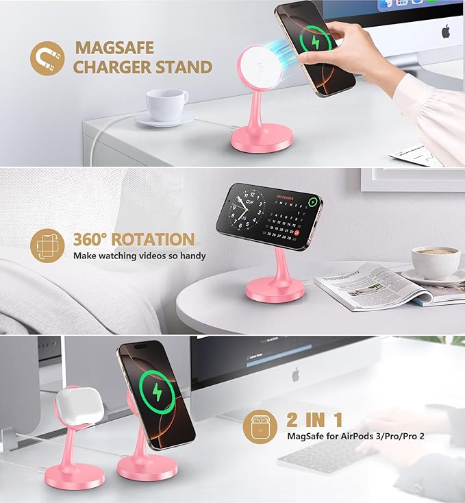 TXXTOL Magnetic Wireless Charger iPhone Stand, 15W Fast Mag-Safe Charger iPhone 17/17 Air/17 Pro/17 Pro Max 16/15/14/13/12 Series Magnet Wireless Charging Station/Pad/AirPods for Home, Office, Travel