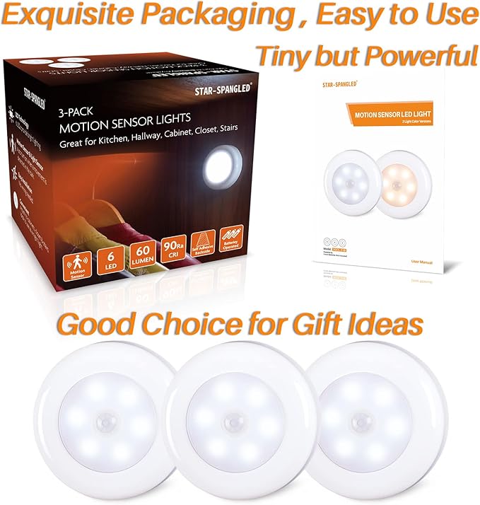 STAR-SPANGLED 3 Pack 2.8” Motion Sensor Lights Indoor AAA Battery Operated, Stick on LED Puck Light for Stairs, Under Cabinet, Closet, Cool White