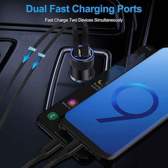 Type C Charger Fast Charging Block for Samsung Galaxy S25, A15 5G,A16,A55,A35,A14,A13,A25,S24 S23 FE,A03s,A53,Z Fold6,20W PD 3.0 USB C Wall Charger 38W Car Adapter+2 PCS Android 6ft USB C-to-C Cable