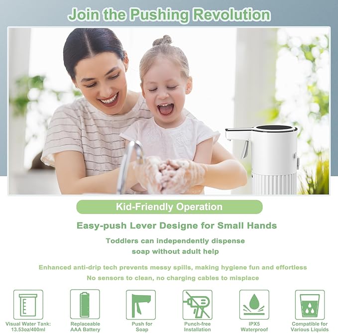 Push-Activated Automatic Soap Dispenser, Soap Dispenser for kitchen,Continuous Flow Control 400ml Capacity,AA Battery Powered,Waterproof Adjustable Volume Soap Dispenser for Bathroom & Kitchen(Liquid)