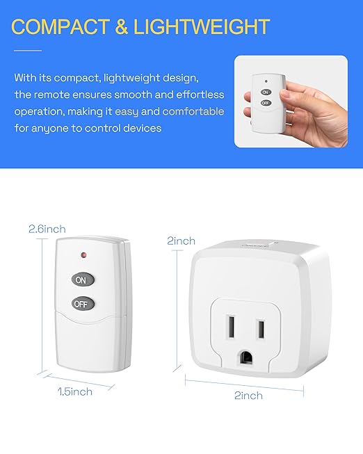 HBN Remote Control Outlet Plug Remote Switch Outlet with 100FT RF Signal Wireless Remote Light Switch On Off Switch Plug for Household Appliances 15A/1875W (1 Outlet + 1 Remote)