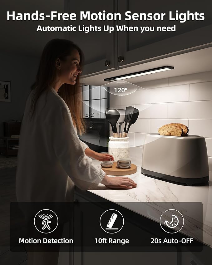 EZVALO Under Cabinet Lights, 1900mAh Rechargeable Motion Sensor Lights Indoor 3 Color Temps, 80 LED Closet Lights Wireless, Dimmable Under Counter Lights for Kitchen, Stairs, Hallway (2 Pack)
