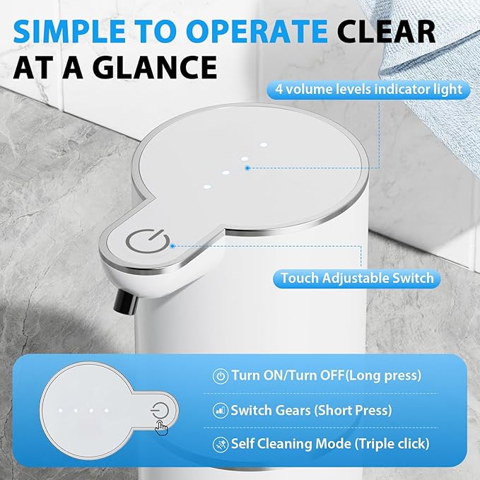 Fantictas Automatic Soap Dispenser,Touchless Automatic Foam Soap Dispenser 380ML, USB Charging 4 Adjustable Levels Wall Mount for Kitchen ＆ Bathroom, Shower Soap Dispenser, White