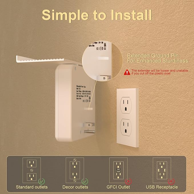 Overtop Power Charger with Shelf, Wall Outlet Extender Surge Protector with 6 AC Outlets, 4 USB Ports(1 USB C) Plug Expander Charger Shelf with Storage for Home, Dorm