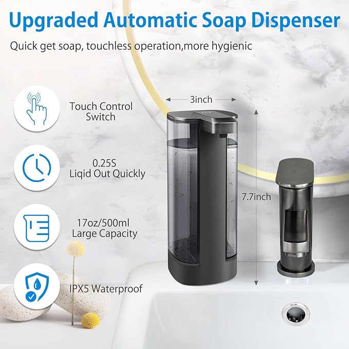 Automatic Liquid Soap Dispenser, Rechargeable, Touchless, 17oz/500ml with 4 Adjustable Soap Levels, Wall Mount & Waterproof, Liquid Hand/Dish Soap Dispenser for Bathroom Kitchen