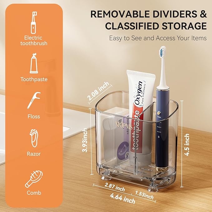 Toothbrush Holders with Drainage for Bathroom Countertop Organizer, 2 Slots Electric Toothbrush Holder Wall-Mount with Divider for Easy Clean, Tooth Brush and Toothpaste Holder for Bathroom Kitchen