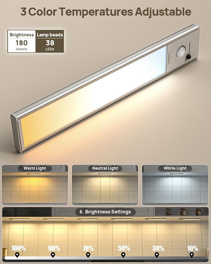 9inch Under Cabinet Lighting with Remote, Rechargeable LED Motion Sensor Light Indoor, Closet Lights Wireless, 3 Color Temps & Dimmable, Magnetic Under Counter Lights for Kitchen, Stairs, 6 Pack