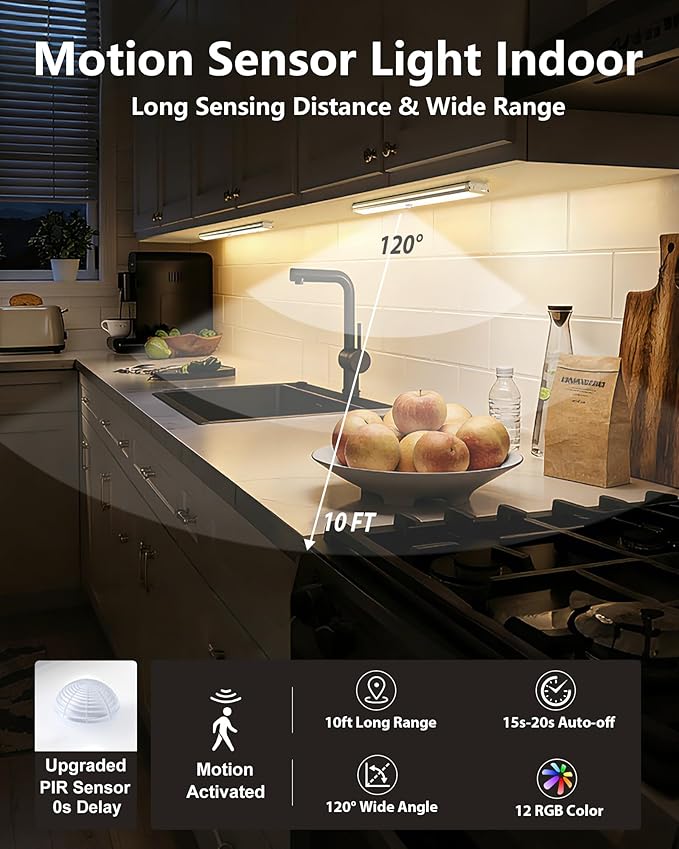 SZOKLED 58-LED Motion Sensor Under Cabinet Lights Wireless, RGB Closet Light Night Lights Remote, Rechargeable Under Cabinet Lighting Counter Lights for Indoor Kitchen, Stair (6 Packs)