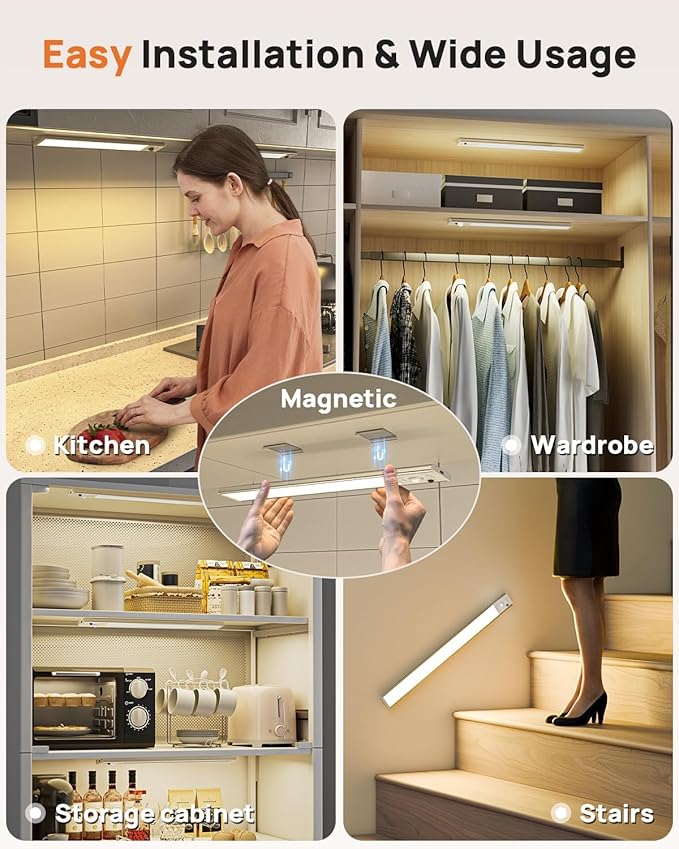 16inch Under Cabinet Lighting Wireless, Rechargeable Motion Sensor Light Indoor, Closet Lights with Remote, 3 Color Temps & Dimmable, Magnetic Under Counter Lights for Kitchen, Stairs, Pantry, 3 Pack