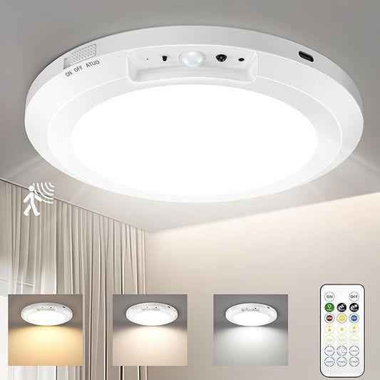 Yunaking Rechargeable Ceiling Light with Motion Sensor: Battery Operated LED Closet Light with Remote & Timing - Wireless Dimmable Magnetic Mount Shower Lamp for Bathroom/Stairs/Garage/Hallway
