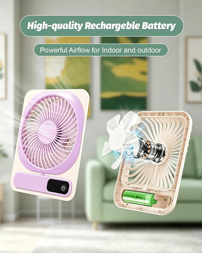 Portable Folding Desk Fan, 5-Speed Quiet Personal Fan w/180° Adjustable Stand & Strong Airflow, 2000mAh Rechargeable Battery Operated Small Fan for Home Office Travel, Tabletop or Hanging Use