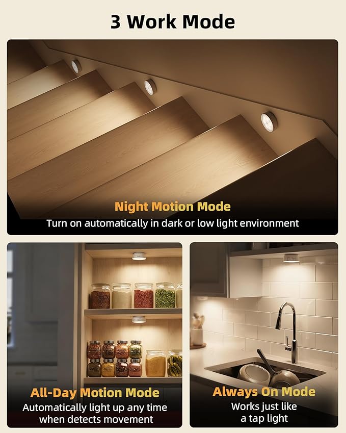 EZVALO 4 Pack Motion Sensor Closet Lights, 1200mAh USB-C Rechargeable LED Puck Lights, Under Cabinet Lights, Night Lights, Dimmable, 3 Color Temps, Magnetic, Stick-On for Closet, Pantry, Stair
