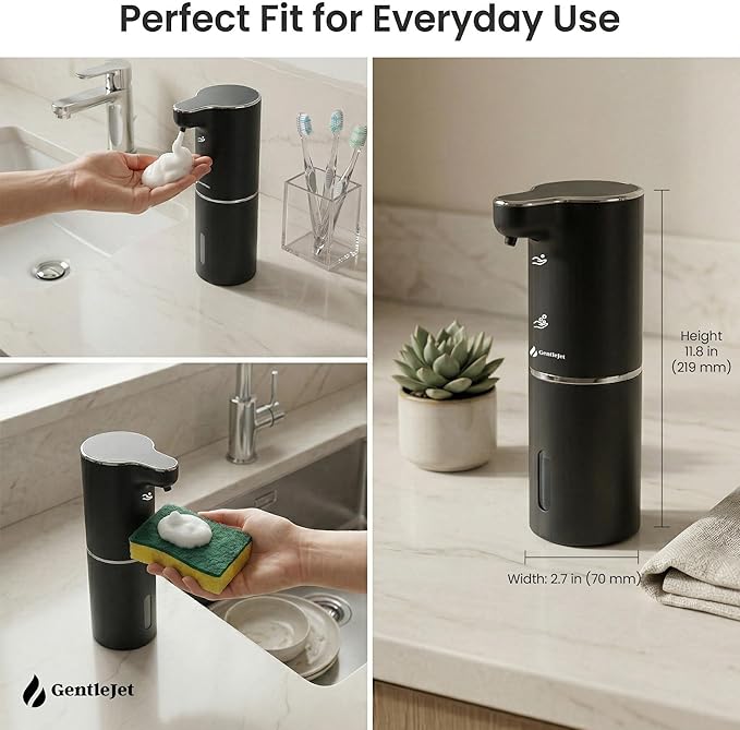 GentleJet JetFoam Automatic Foam Soap Dispenser Touchless Sensor, USB-C Rechargeable, Adjustable Output, IPX5 Waterproof, 300 ml, Bathroom & Kitchen Countertop