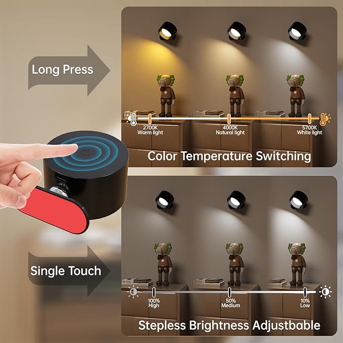 Deyagoo 3PACK Romote LED Wall Sconce - Rechargeable Wall Light, 3 Colors & 3 Brightness Levels, 360° Magnetic Rotating Head, Bedside Reading Lamp, Easy Install Battery Operated Wall Lamp Black