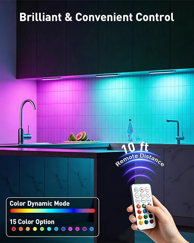 Diomart Under Cabinet Lighting, RGB LED Closet Light Rechargeable, Motion Sensor Light Indoor Stick on Under Counter Lights for Kitchen, Stairs, 4 Pack