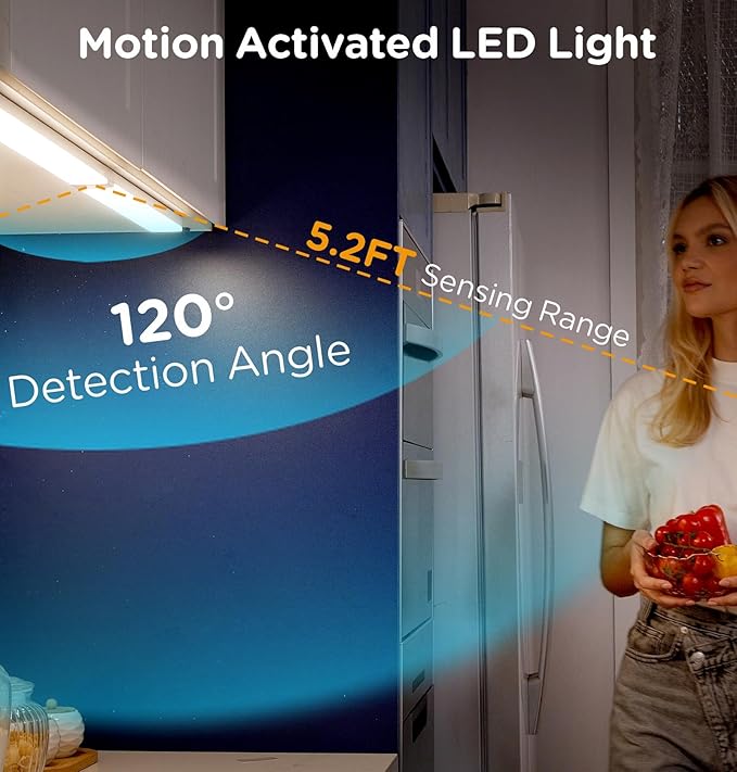 Under Cabinet Lighting Plug in 16in AC120V with Motion Sensor 3000K/4000K/5000K, Super Bright, Linkable Under Counter Light for Kitchen, Shelf, Sink, Closet, Aluminum White 3Pack