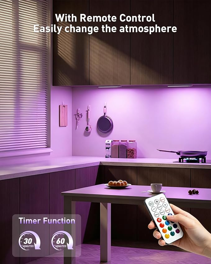 Under Cabinet Lighting with Remote Control, 96-LED Rechargeable Motion Sensor Light, 12 Inch RGB Color Changing Lights Wireless, Dimmable & 15 Color Temps, Magnetic Closet Lights for Kitchen Stair