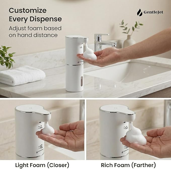 GentleJet JetFoam Automatic Foam Soap Dispenser Touchless Sensor, USB-C Rechargeable, Adjustable Output, IPX5 Waterproof, 300 ml, Bathroom & Kitchen Countertop