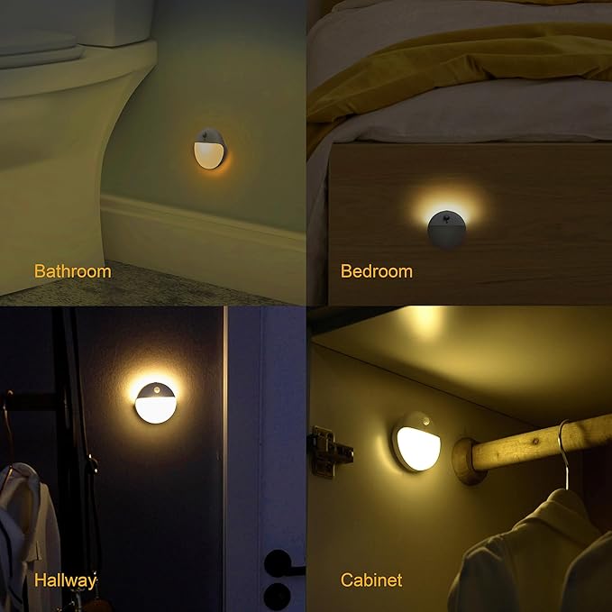 YUNLEX 2 Pack Motion Sensor Night Light, Gold Yellow, 3 Lighting Modes, Stepless Dimming, Battery-Powered, Dimmable LED, Suitable for Bedroom, Bathroom, Stairs, Corridors, Closets