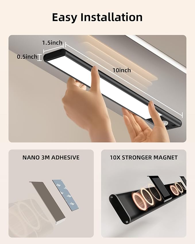 EZVALO Under Cabinet Lights, 1900mAh Rechargeable Motion Sensor Lights Indoor 3 Color Temps, 80 LED Closet Lights Wireless, Dimmable Under Counter Lights for Kitchen, Stairs, Hallway (2 Pack)